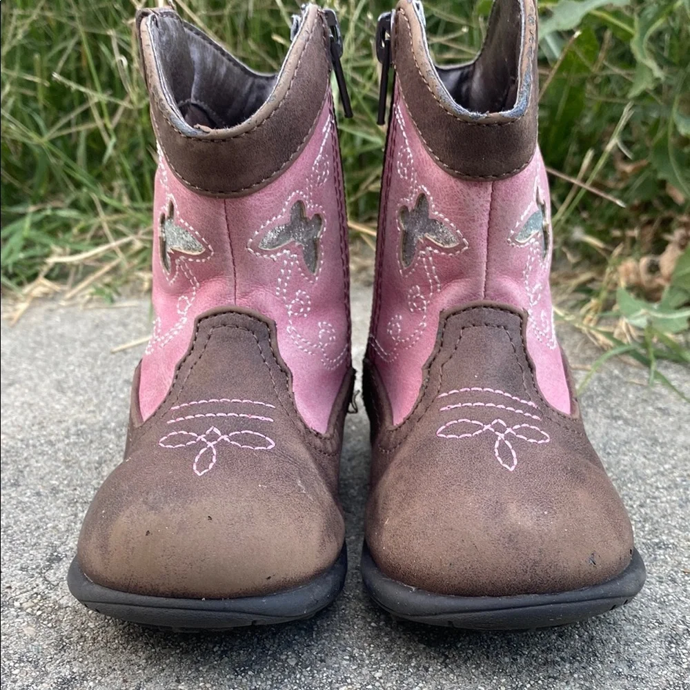 Pink and Brown Kids Cowboy Boots Cowgirl Western boot with Silver Butterfly’s - Picture 2 of 12